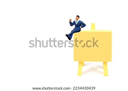 businessman with sight board isolate on white background.