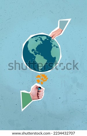 Collage photo concept of big planet earth damaged lighter fire warming climate changing temperature rising isolated on blue color background