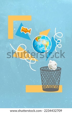 Vertical collage picture of food paper small earth globe falling trash bin isolated on creative background