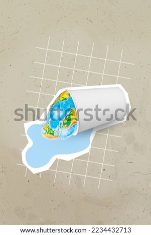 Collage photo poster of paper plastic cup with liquid spill out water ends planet earth crisis resources damage isolated on grey plaid background