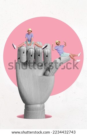 Creative photo 3d collage artwork poster picture of positive guys rising fists sitting big fake wooden arm isolated on painting background