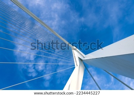 Steel cables and white metal construction from frog perspective with blue sky. Diagonal lines and bridge details with vanishing point. Royalty-Free Stock Photo #2234445227