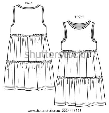 SLEEVELESS FLORAL TIERED KNIT DRESS FOR WOMEN AND GIRLS IN EDITABLE VECTOR Royalty-Free Stock Photo #2234446793