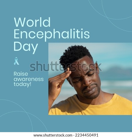 Image of world encephalitis day and african american man with headache. Health, encephalitis and headache concept.