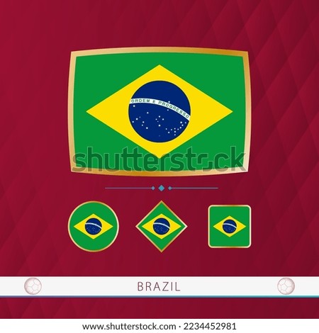 Set of Brazil flags with gold frame for use at sporting events on a burgundy abstract background. Vector collection of flags.