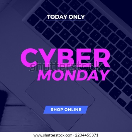 Image of cyber monday on blue background with laptop. Online shopping, sales, promotions and cyber monday concept.
