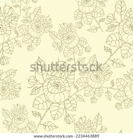 Graphic flower with leaves on cream background. Vector seamless pattern for fabric.