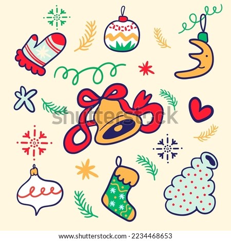christmas set of cartoon elements in flat style vector