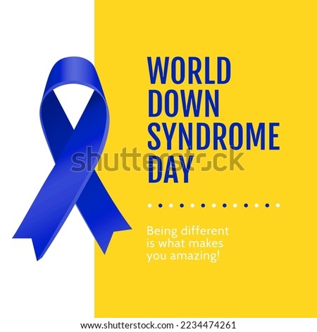Composition of world down syndrome day text, blue ribbon and yellow background. World down syndrome day and learning difficulties awareness concept digitally generated image. Royalty-Free Stock Photo #2234474261