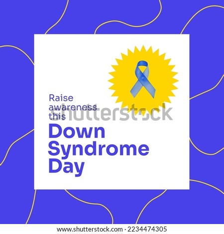 Composition of world down syndrome day text, blue ribbon and blue background. World down syndrome day and learning difficulties awareness concept digitally generated image.