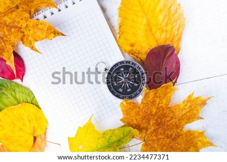 Traveller's Notes. Compass and notepad for notes in bright autumn leaves.