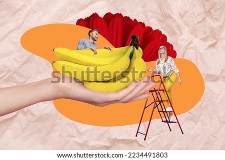 Collage photo of young people woman wear casual outfit walk upstairs find new vitamins juice man hide banana isolated on beige color background