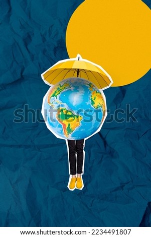 Collage photo of young man without body planet earth sphere save surface yellow umbrella against shining sun isolated on paper blue background Royalty-Free Stock Photo #2234491807