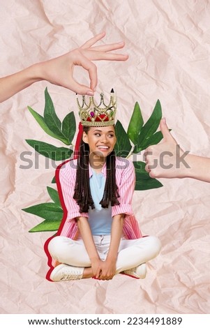 Collage photo of popular celebrity girl casual outfit sit relax chilling wear princess crown queen look thumb up like isolated on pink background