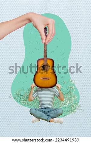 Collage photo picture of headless man abstract hide guitar face music lover meloman acoustic instrument near flowers isolated on cyan background