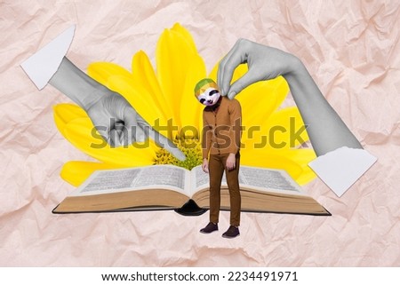 Collage photo of headless guy sloth head has to learn more information materials finger point book text punishment isolated on beige color background
