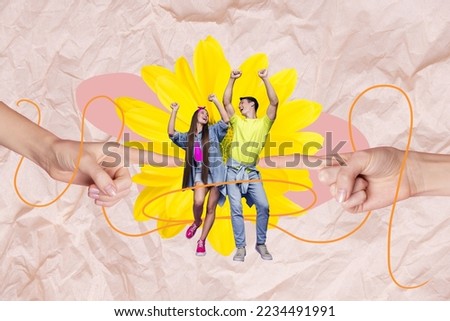 Collage photo of couple young lovers dancing together celebrate spring season sale shopping hands up near yellow gerbera isolated on beige background