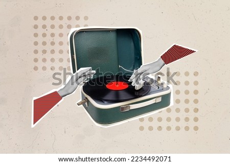 Collage photo of old vintage gramophone music player recorder vinyl disk nostalgia from 60s listen pop hits isolated on painted grey background