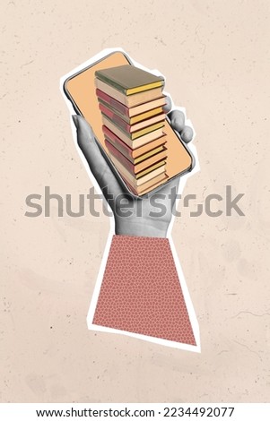 Collage photo of knowledge concept of hand holding pile books ereader smartphone display useful convenient gadget isolated on beige background Royalty-Free Stock Photo #2234492077