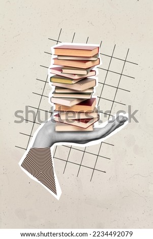 Collage photo concept of arm hold stack books from library shop get knowledge from literature interesting information isolated on grey background Royalty-Free Stock Photo #2234492079