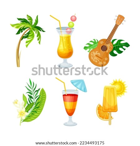 Summer beach party tropical set. Exotic cocktails, palm tree, popsicle, guitar vector illustration