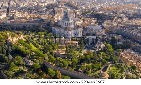 Aerial view of Papal Basilica of Saint Peter in the Vatican located in Rome, Italy. It's the most important and largest church in the world and residence of the Pope. Around it are the Vatican gardens Royalty-Free Stock Photo #2234495607