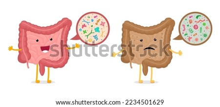Intestines character microscopic bacterias magnification comparison. Human intestine mascot healthy and unhealthy microbiome. Gut bad and good microflora. Digestive internal organ probiotic flora. Eps Royalty-Free Stock Photo #2234501629