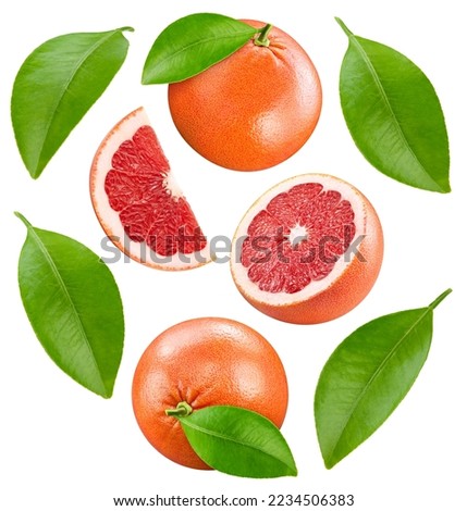 Isolated grapefruit with leaf. Flying in air grapefruit on white background with clipping path. As design element. Royalty-Free Stock Photo #2234506383