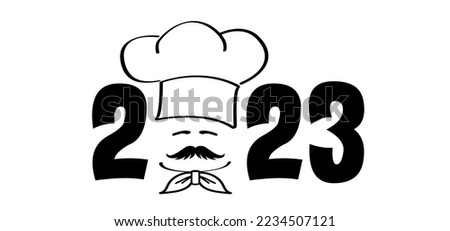 Best wishes card, happy new year 2023 with chef cap with mustache symbol. Chef hat or cap. Kitchen cook or cooking hat. Vector menu logo or icon. Cartoon cuisine bakery. 