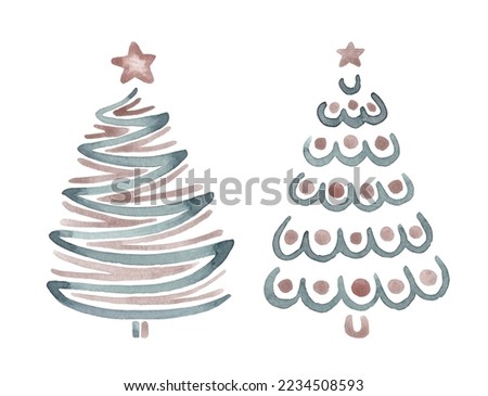 Christmas trees set isolated on white background. Hand drawn by watercolor. Blue, green, beige colours. Traditional simple Christmas tree