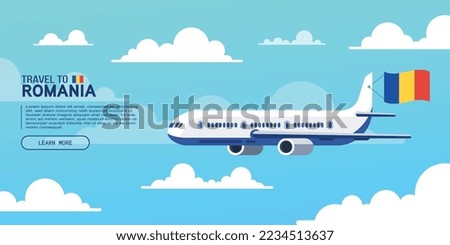 Travel to Romania poster with flying plane and national flag. Banner for travel agency. Vector illustration.