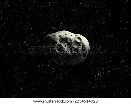 Rocky asteroid with impact craters isolated on a dark background. The space rock is approaching Earth. observation of celestial bodies. Royalty-Free Stock Photo #2234514023