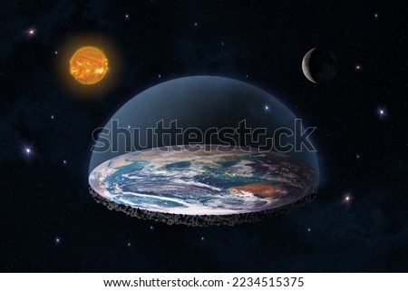 Flat Earth in space with sun and moon. Flat planet Earth conspiracy theory. The flat Earth model is an archaic conception of Earth's shape as a plane or disk. Elements of this image furnished by NASA. Royalty-Free Stock Photo #2234515375