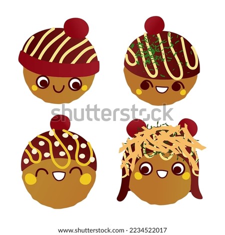 Takoyaki characters in hats vector illustration isolated on white background. Four takoyaki balls with different emotions and toppings. Clip art elements