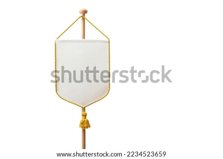 Blank Pennant white fabric with gold fringes on white background. Info banner flag isolated Royalty-Free Stock Photo #2234523659