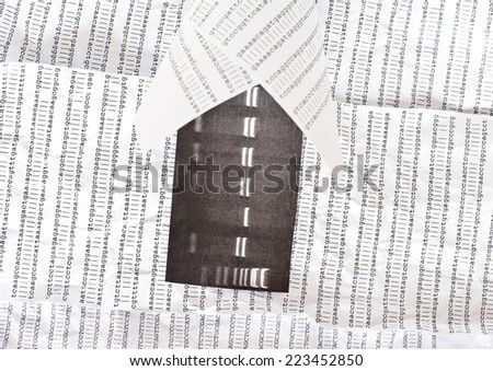 Electrophoresis picture in a paper bag with DNA sequence and on a crumpled DNA sequence background