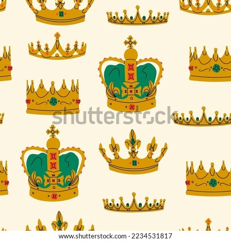 Set of golden Crowns. Jewel headdress. Symbol of princess, king, prince and queen. Royal, aristocratic, coronation, monarchy concept. Hand drawn Vector illustration. Square seamless Pattern