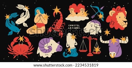 Astrological zodiac signs. Aries, Taurus, Leo, Gemini, Virgo, Scorpio, Libra, Aquarius, Sagittarius, Pisces, Capricorn, Cancer. Symbols of zodiac Constellations. Hand drawn Vector illustration