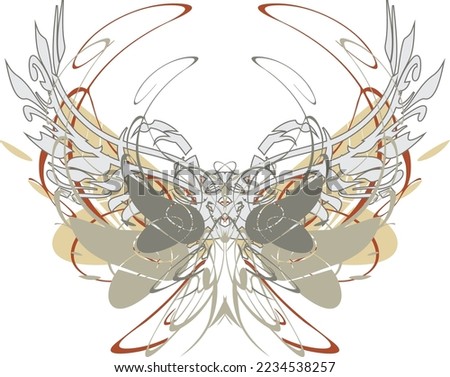 Beautiful linear butterfly wings in pastel-red tonality isolated on white. Decorative butterfly symbol for fabrics, emblems, textiles, interior solutions, fashion, tattoos, graphics on vehicles, etc.
