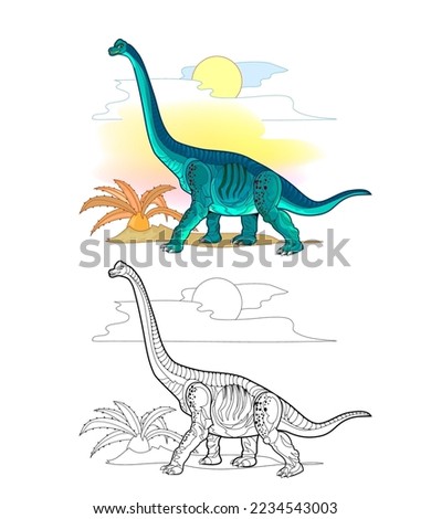 Colorful and black and white page for coloring book. Illustration of brontosaurus. Printable worksheet for children exercise book. Online education. Clip-art cartoon vector. Animals for kids.