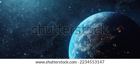 Panoramic view of the Earth, sun, star and galaxy. Sunrise over planet Earth, view from space. Elements of this image furnished by NASA
