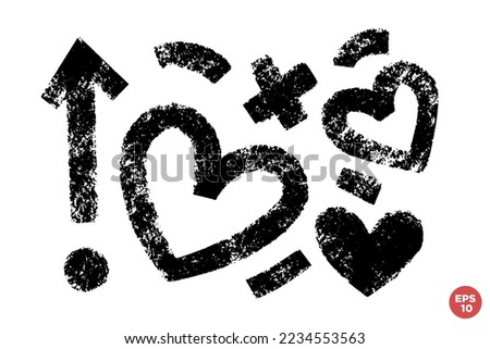 Grunge bold element set with arrow, circle, hearts, plus sign, curvy lines. Black color grunge shapes collection. Contemporary hand drawn clip art.