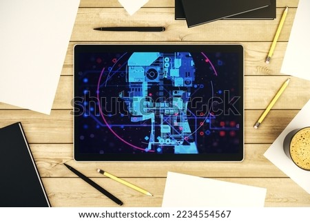 Top view of modern digital tablet screen with creative human head microcircuit. Future technology and AI concept. 3D Rendering