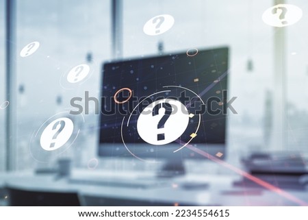 Creative abstract question mark hologram on modern computer background, future technology concept. Multi exposure