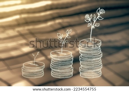 Double exposure of virtual cash savings hologram on blurry metal background. Development and achievement of goals concept