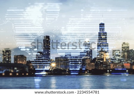 Abstract creative world map interface on Chicago skyline background, international trading concept. Multiexposure