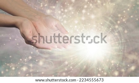 Distant Healer sending High Vibrational Vortex Healing - pale golden background with vortexing white light, sparkles and copy space on right side

