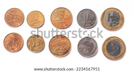 Brazilian currencies, front and back with white background,Brazilian money,currency of 1 real.50 cents,25 cents,10 cents,5 cents. Royalty-Free Stock Photo #2234567951