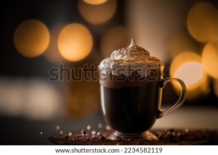 A mug of hot chocolate sits steaming on a cozy winter table, topped with whipped cream and a sprinkle of cocoa power. Beautiful fairy light bokeh in the background.
