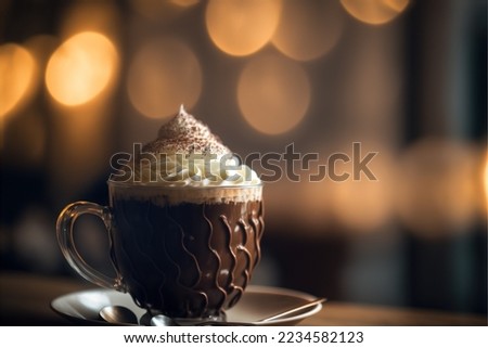 A mug of hot chocolate sits steaming on a cozy winter table, topped with whipped cream and a sprinkle of cocoa power. Beautiful fairy light bokeh in the background.